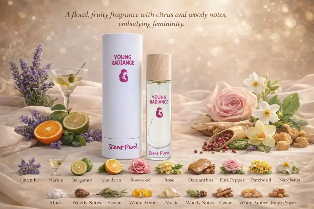 Young Radiance extrait de parfum Scent Buddy 40 ml bottle beside its round box among flowers