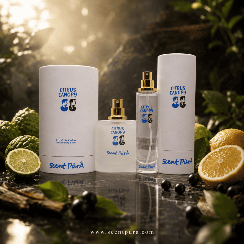 Citrus Canopy extrait de parfum, 100 ml and 40 ml bottles with their round Scent Pûr boxes