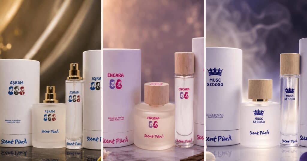 Aşkam, Encara and Musc Sedoso extrait de parfum bottles and paper boxes by Scent PûrÂ