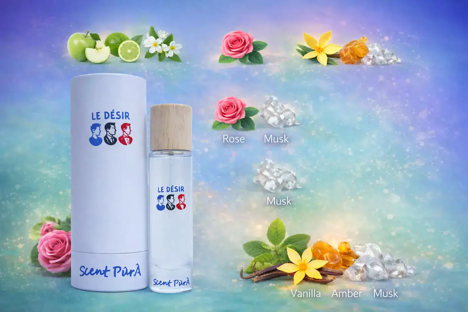 le désir Scent Buddy 40 ml bottle with wooden cap beside its white round box