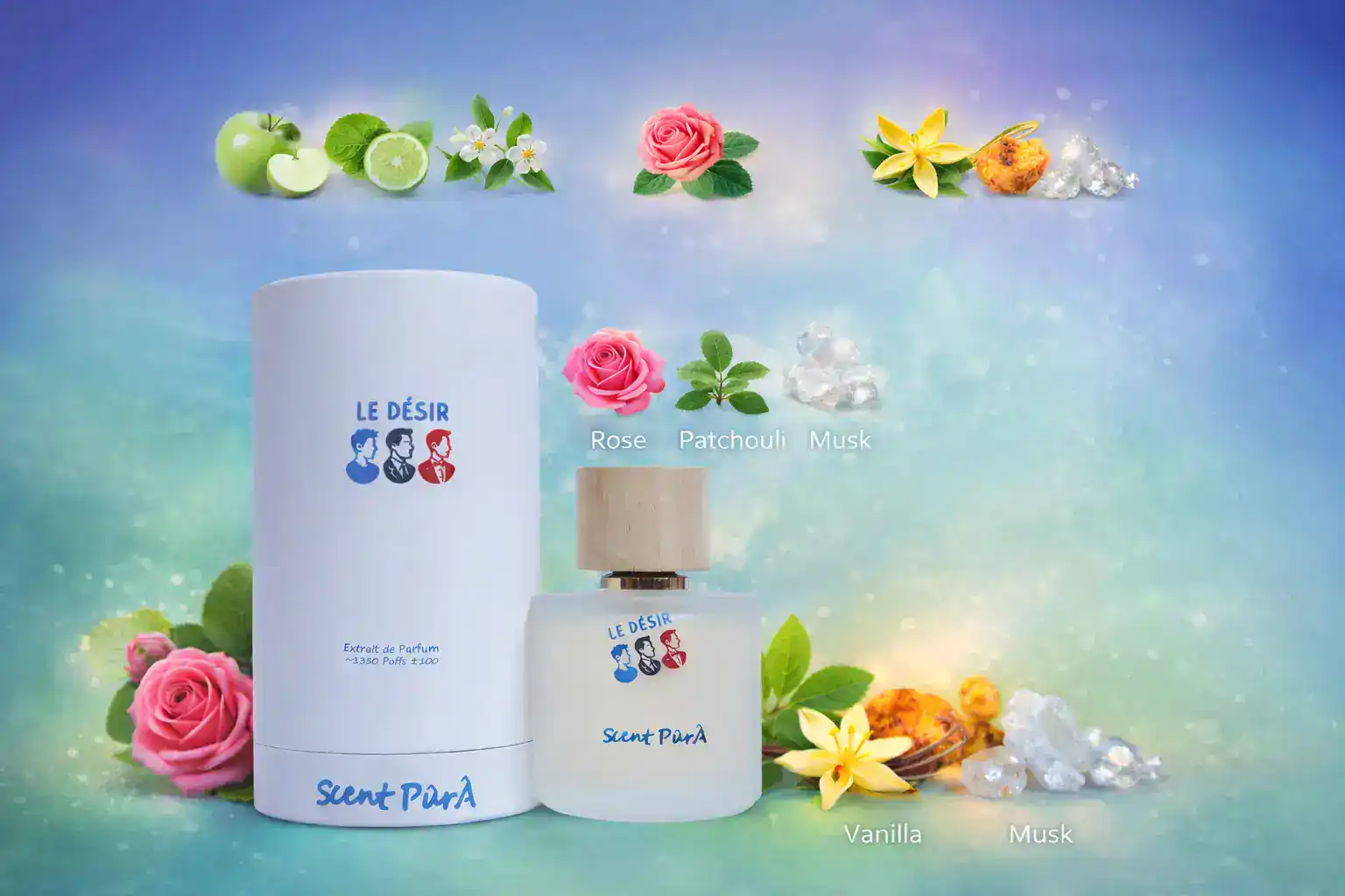 le désir Grande 100 ml bottle with wooden cap beside its white round box