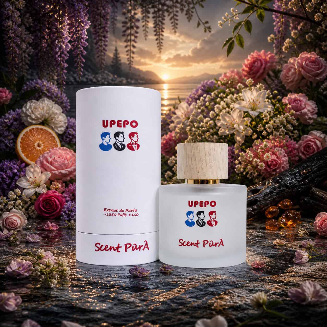 Upepo Grande 100 ml bottle with wooden cap beside its round box