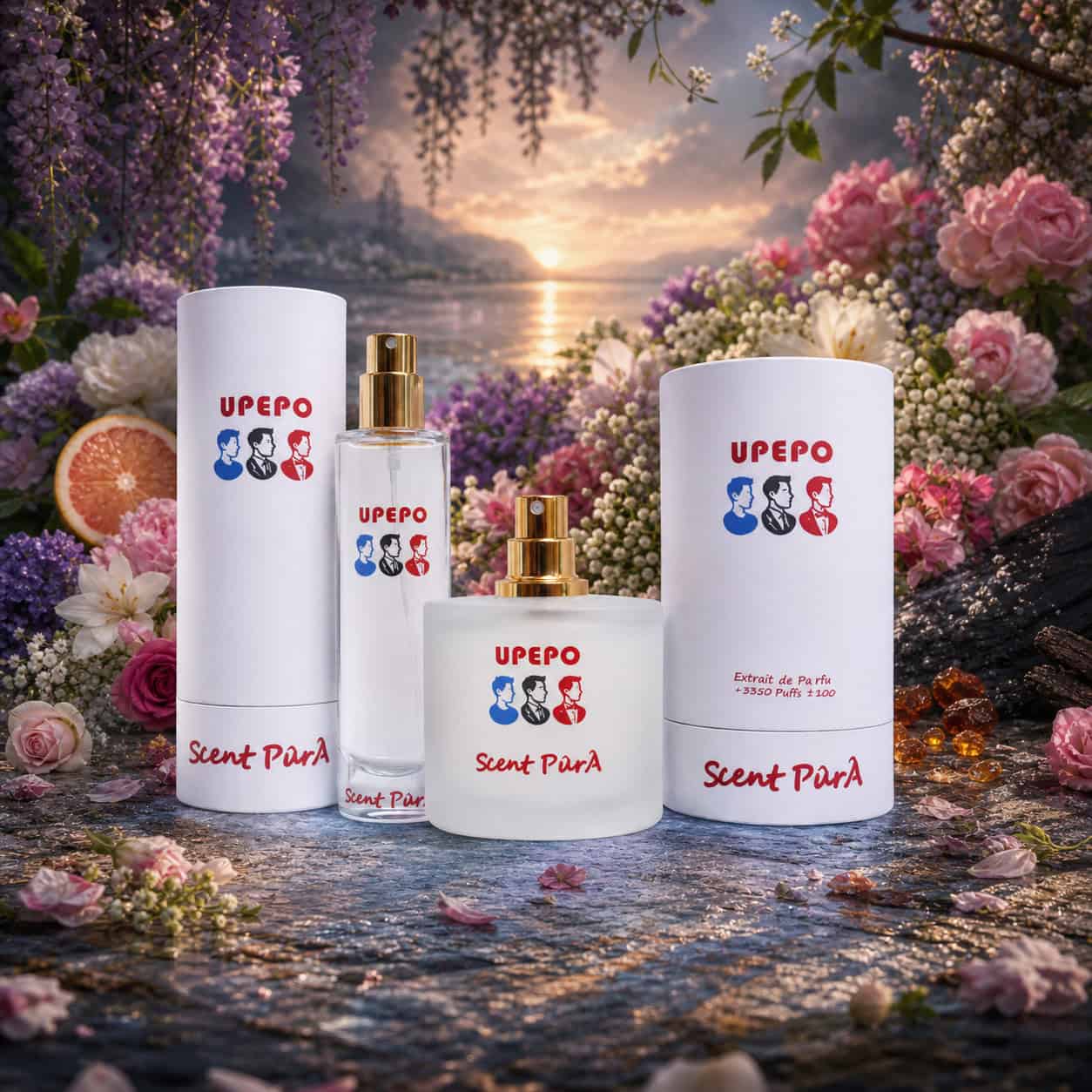 Upepo extrait de parfum, 100 ml and 40 ml bottles with their round Scent PûrÂ boxes